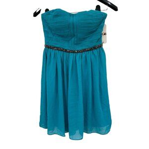 GB Turquoise Strapless Dress Small Beaded Mini Chiffon Feminine Skater Party NEW